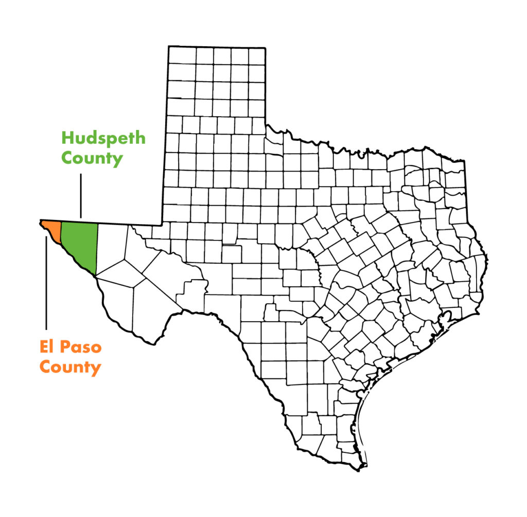 Mapa de Texas de los condados con los condados de El Paso y Hudspeth resaltados